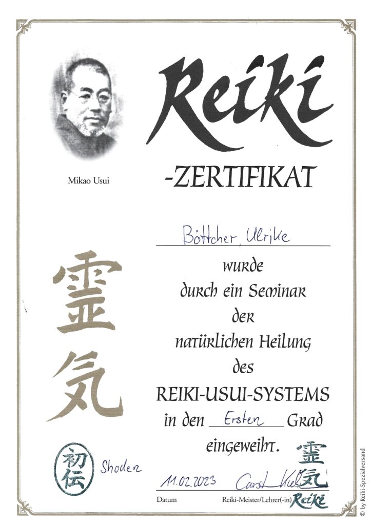 Zertifikat Reiki Usui System – erster Grad